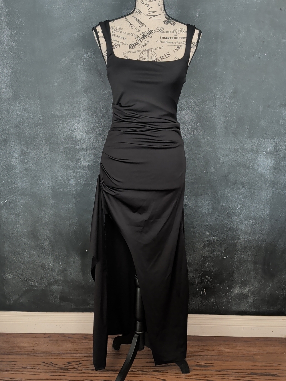 Black Sleeveless Ruched Asymmetrical Maxi Dress